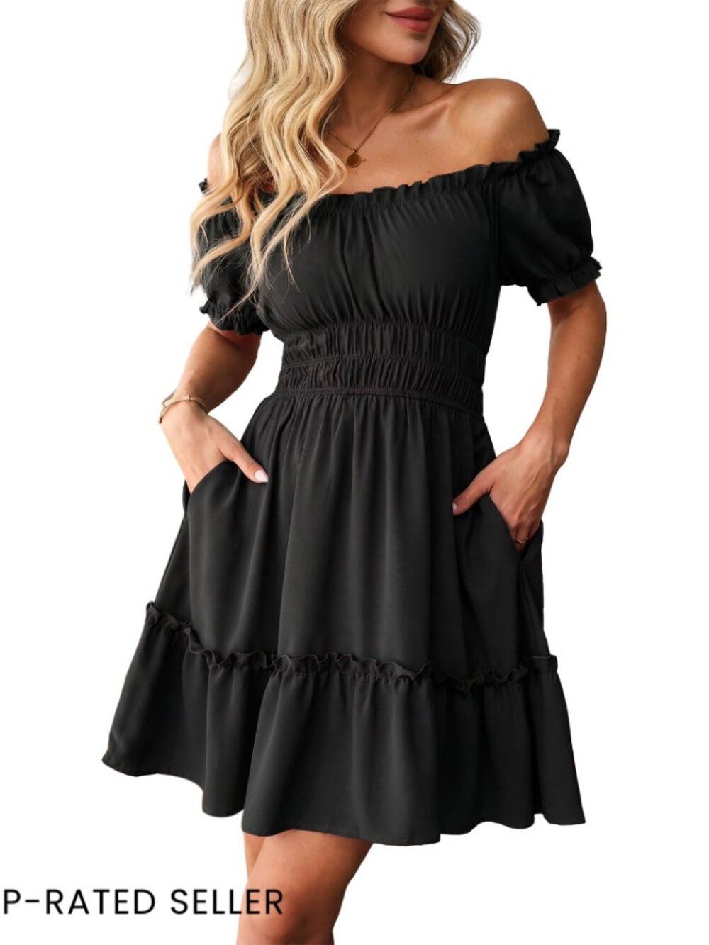 Off Shoulder Mini Dress Smocked Waist Elegant Chic Summer Party Wear